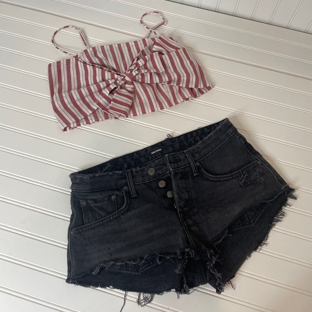 GRLFRND Black Raw Hem Denim Shorts & Fifth Label Striped Tie Front Crop Top Set